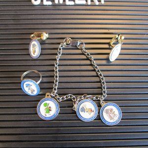Holly Hobbie Charm Bracelet, Adjustable Ring and Clip Earrings